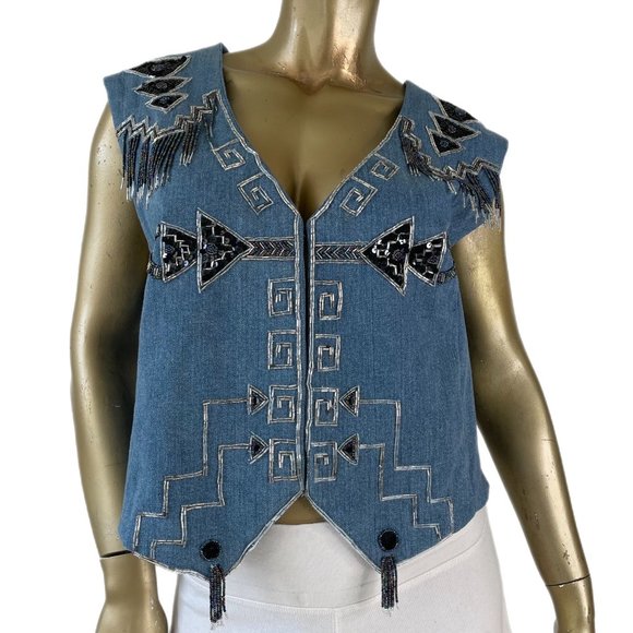 Vintage Jackets & Blazers - KNOT KNOTS BEADED AND SEQUINS EMBELLISHED WESTERN DENIM VEST SIZE XL